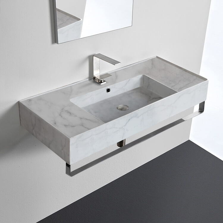 Scarabeo 5124-F-TB-One Hole Marble Design Ceramic Wall Mounted Sink With Counter Space, Towel Bar Included